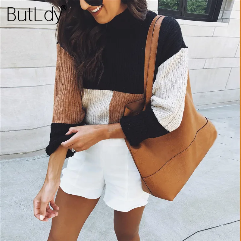 Color Block Patchwork Casual Sweater Women Knitting Pullover Long Sleeve Chic Knitwear Tops Winter Fashion 2018 Jumpers Ladies | Женская