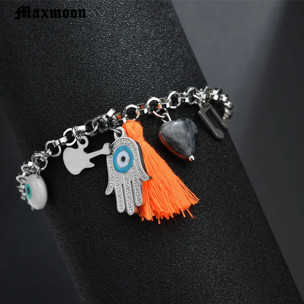 Maxmoon Lucky Kabbalah StainlessSteelHamsa браслеты синий Турецкий Дурной глаз очарование Женская