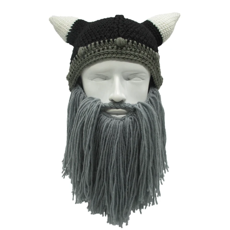 gray Handmade Wig Beard Viking Beanies Hat Horn Winter Cap For Men Crochet Dad Hat Winter Male Cap Halloween Gifts Party Cap SKullcap - Цвет: gray