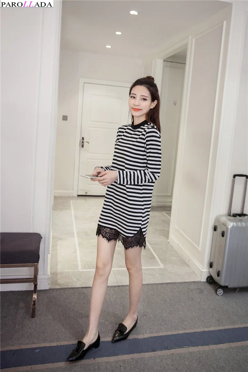 Parollada корейский платье-рубашка с длинными рукавами черного и белого цвета платье