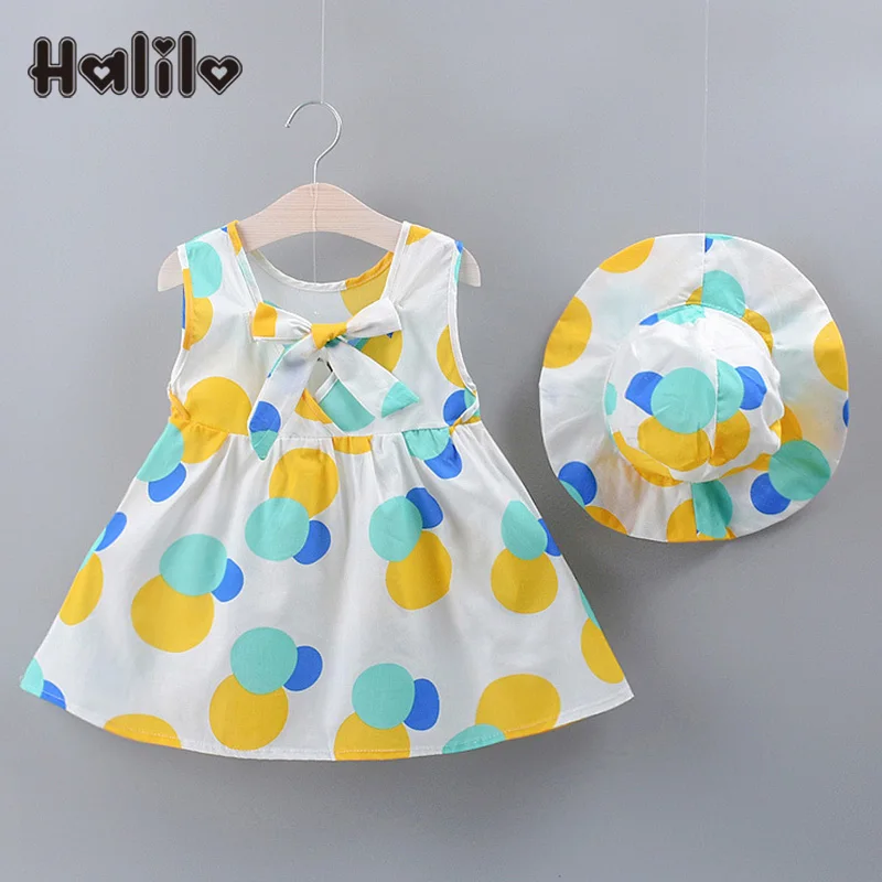 

Halilo 2019 Summer Dot Bow Sleeveless Baby Girls Dresses Cute Princess First Birthday Girl Clothing Infant Party Dress With Hat
