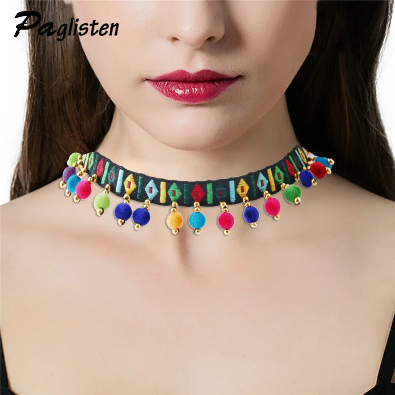 

Multicolor Bohemia Boho Exaggerated ball tassel embroidered Choker Necklace for Women Fashion Gothic Tattoo Jewelry collar Gifts