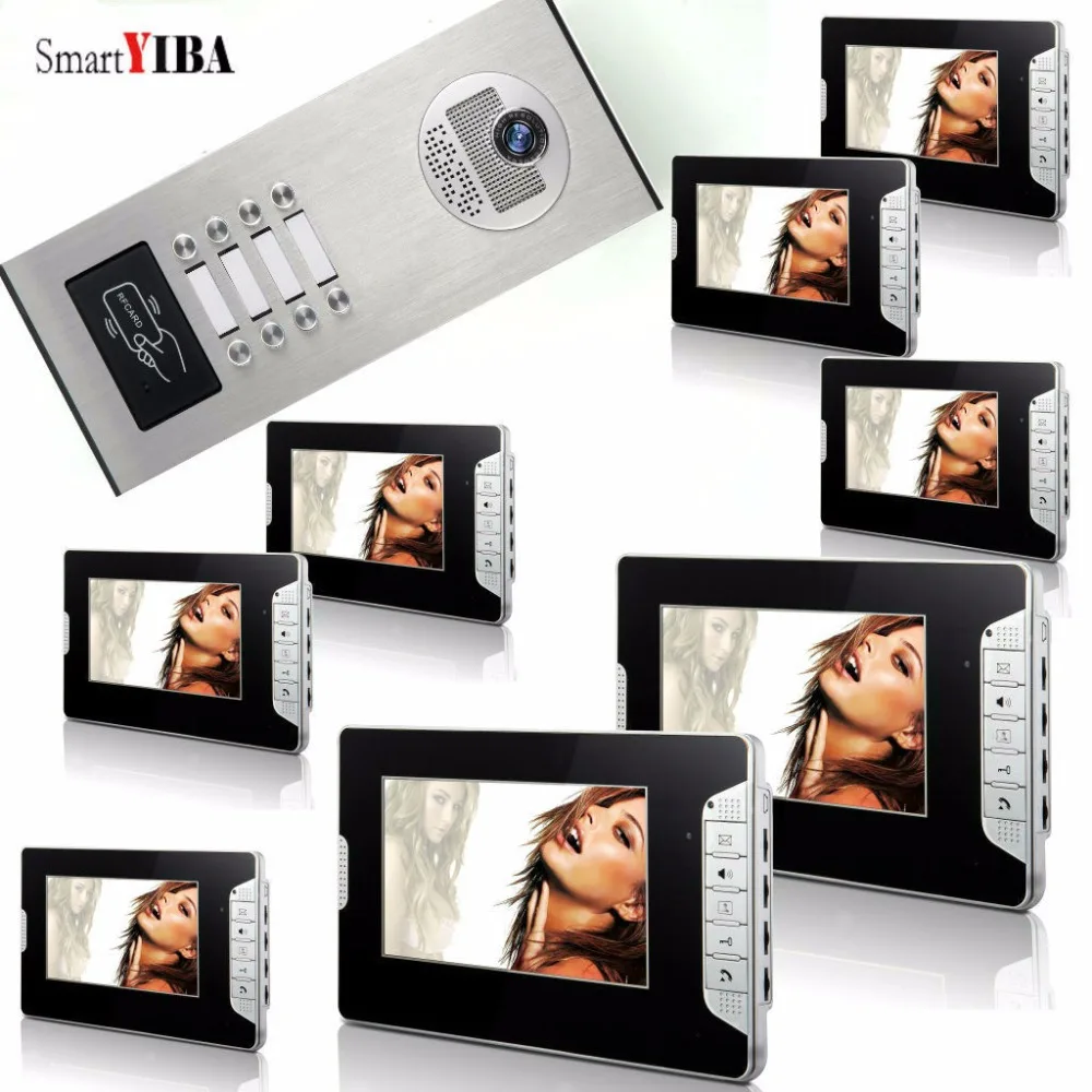

SmartYIBA 7"RFID 8 Units Apartment Video Intercom System Support ID Card Unlock Video Door Phone Door Camera For Villa/House