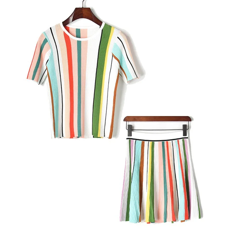 

New Collection Women's Outfits Two Pieces Knit Rainbow Colorful Boho Suits 2019 Summer Ladies Vacation T-shirt Mini Aline Skirt
