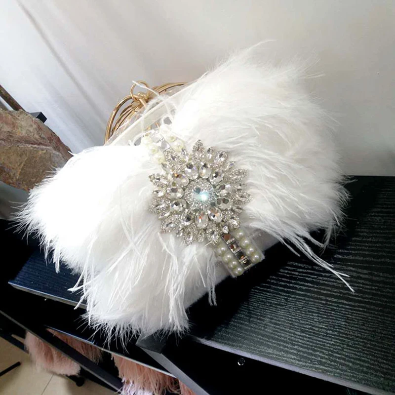 

Women Luxury Tassel Pearl Handbag Elegant Real Ostrich Fur Shoulder Bag Fashion Chain Tote Diamond Evening Bag For Party Wedding