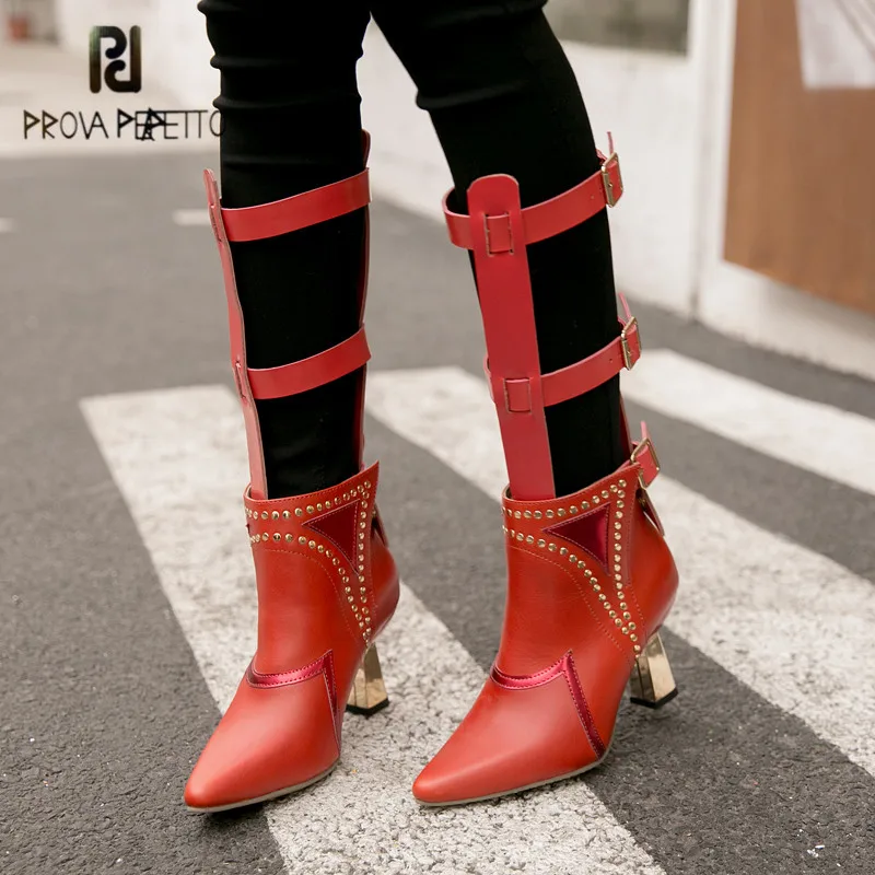 Prova Perfetto Two Wear Women Summer Boots Pointed Toe Rivets Studded High Heel Boot Female Riding Straps Botas Mujer | Обувь