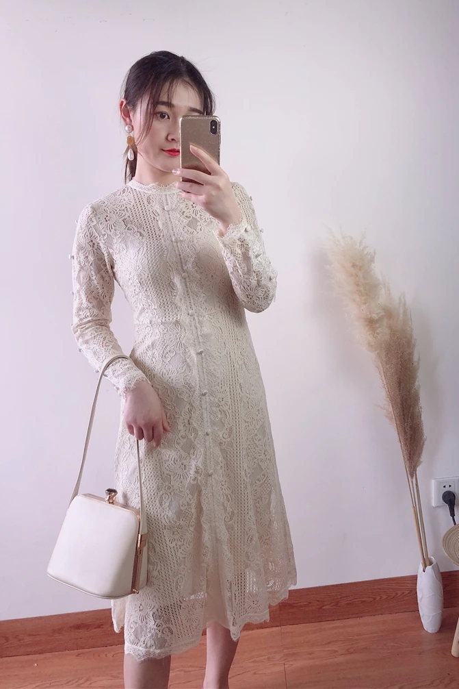 

Hot Sale Dress Women 2018 new women's spring Korean lace dress in the long slim lady temperament thin long sleeved A-Line dress