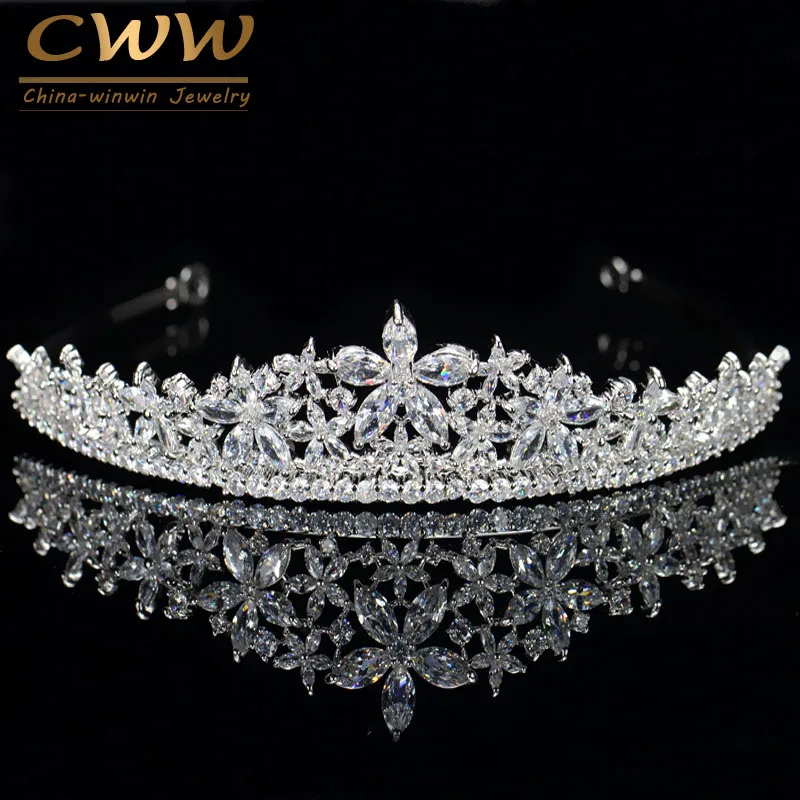 CWWZircons элегантный огранка маркиз, цирконивый цветок свадебные Королевская корона диадема роскошные украшения для волос невесты A001 - Окраска металла: white