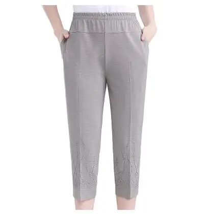 light grey 7 Женские прямые брюки среднего возраста, модные повседневные свободные штаны с эластичной резинкой на талии, большие размеры, женские летние однотонные штаны 5XL - Цвет: light grey 7