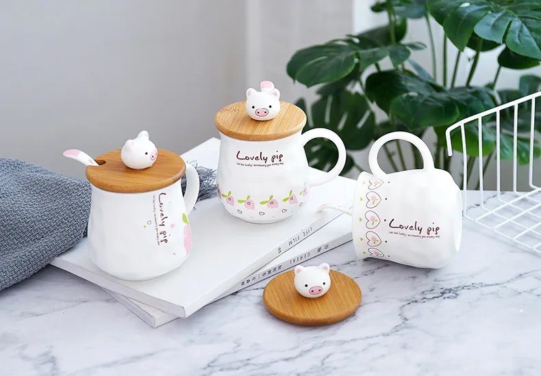 400 мл милые свиньи керамические кружки розовая свинья кружка для молока на завтрак с ложка крышка леди Подарочная кружка для кофе ручка Креативные керамические чашки