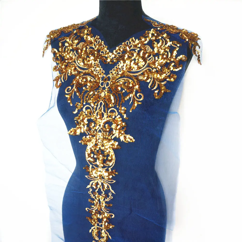1 комплект Золотая расшитая блестками аппликация синяя сетка Epaulette вышивка