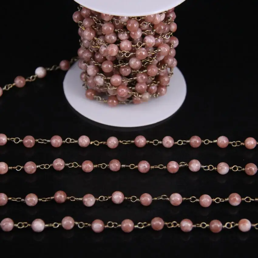 

5Meter,Flash Sunstone Round bead Rosary Chain,Natural Peach Moonstone Brass Wire Wrapped Chains DIY Women Sweater Chain