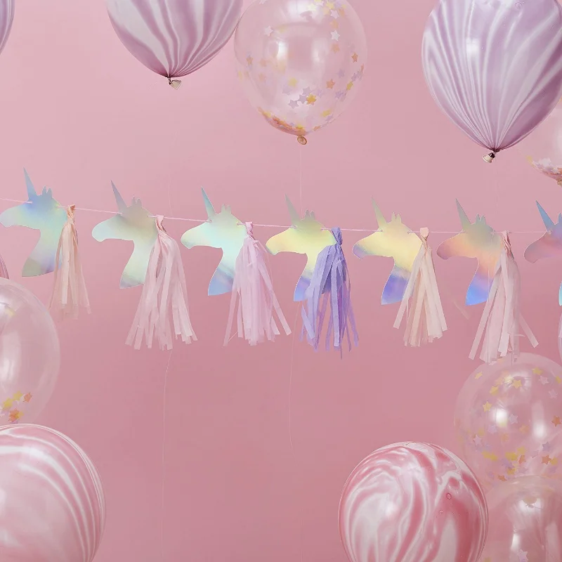 

1 set Novelty cute Laser Paper Unicorn Banners With Tassels Birthday Party Unicorn Theme Garlands Kids Happy Birthday Decoration