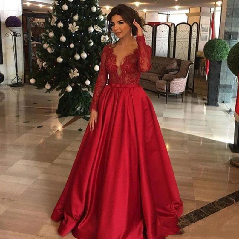 

New Listing Charming Red Evening Dresses Long Sleeves Lace Satin A-Line Prom Gowns Custom Made Vestidos