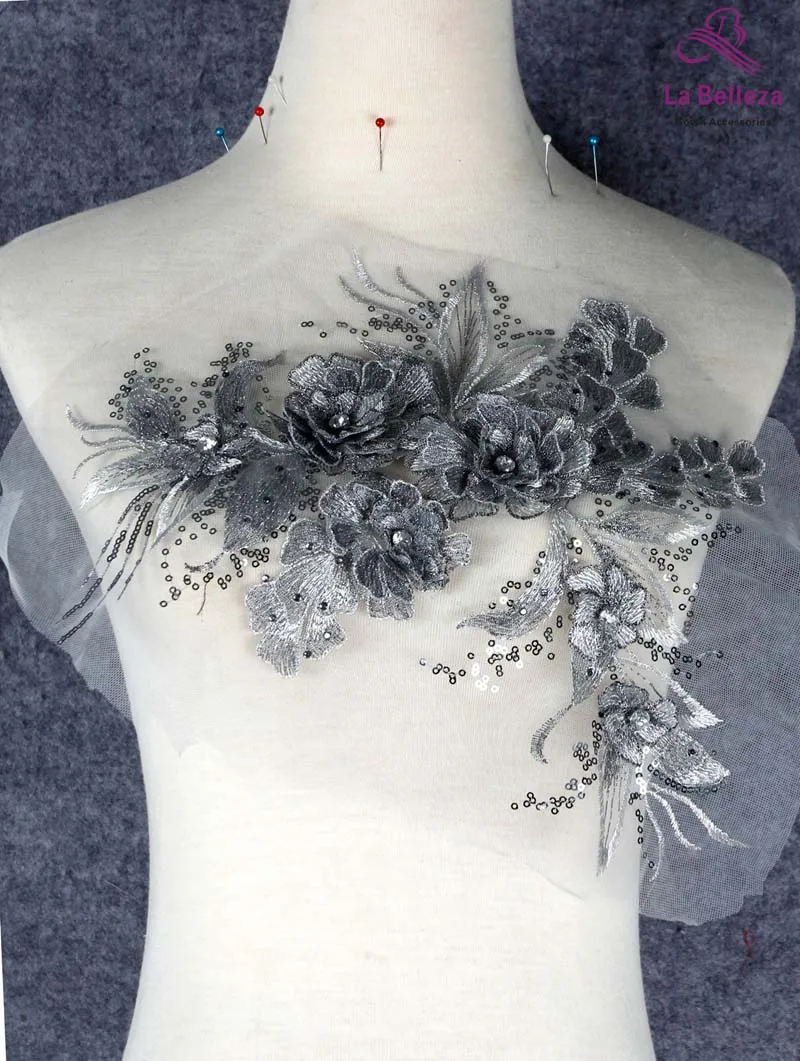 Серебристый La Belleza 2 шт. белый, розовый, зеленый, серый смешанные цвета 3D Цветы Аппликации 35*25 см - Цвет: Серебристый