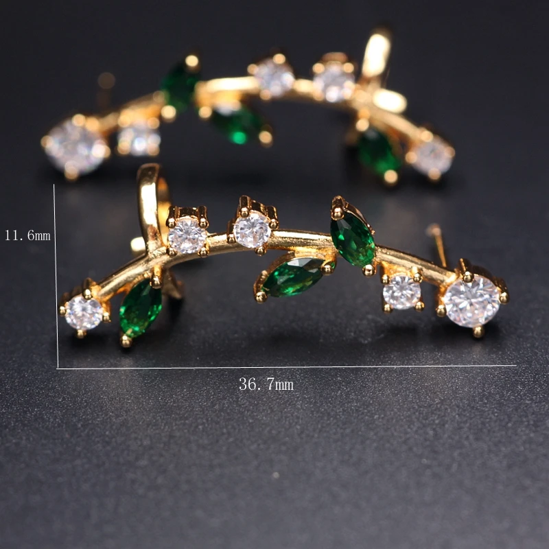 Серьги пусеты для женщин разноцветные циркониевые в форме листика золотые