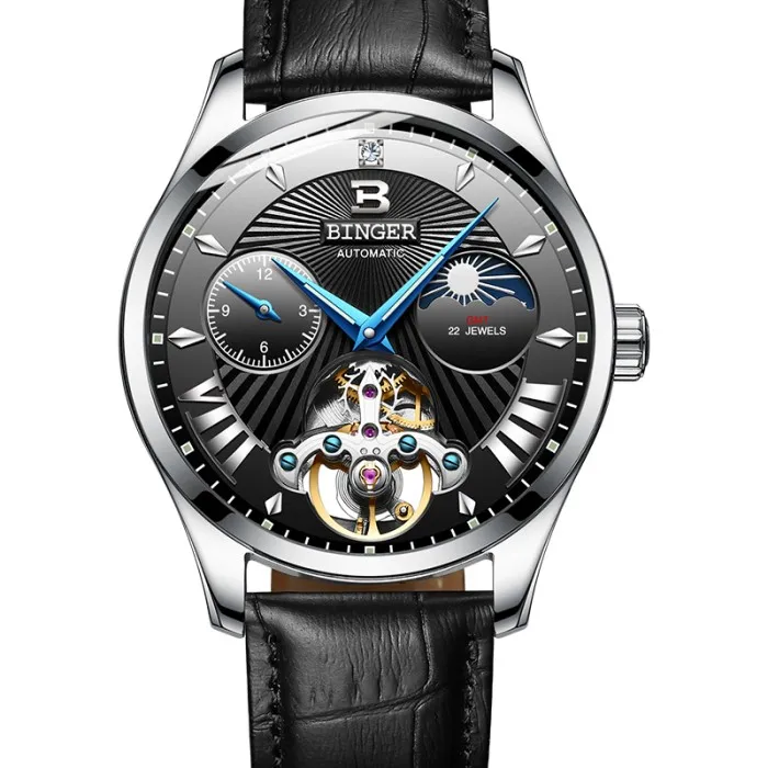 A Tourbillon Бингер Мужские часы Роскошные деловые механические часы Мужские автоматические модные водонепроницаемые сапфировые спортивные часы с скелетом - Цвет: A