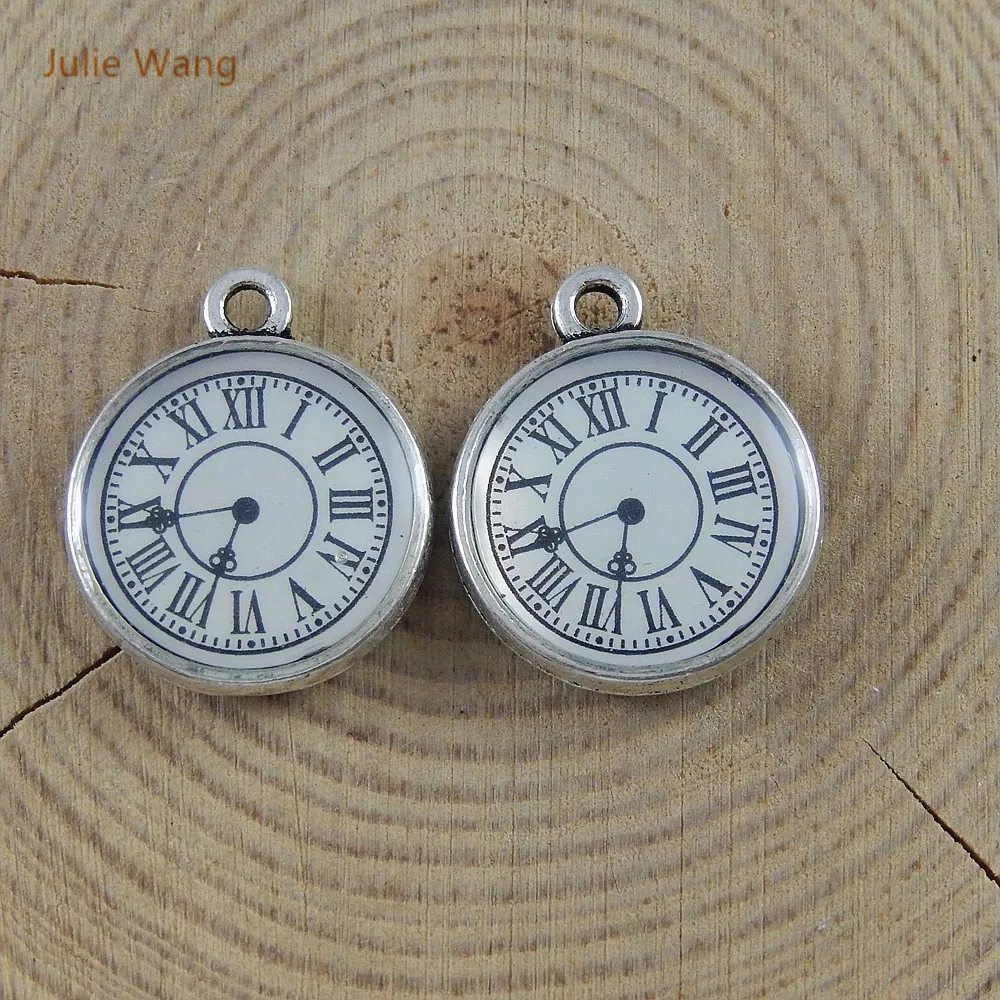 Julie Wang 10PCS Antique Silver Color Alloy Single Face Clocks Charms Pendants Jewelry Accessory Suspension Necklace 51665