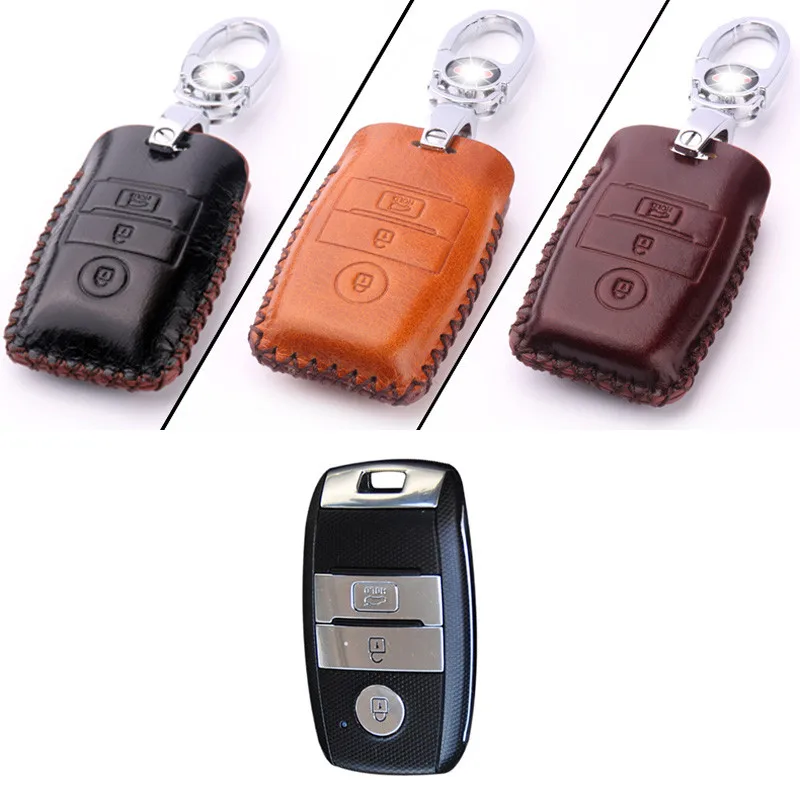 

Genuine PU Leather 3 Button Remote Key Bag Case Fob Holder Chain For Kia Series
