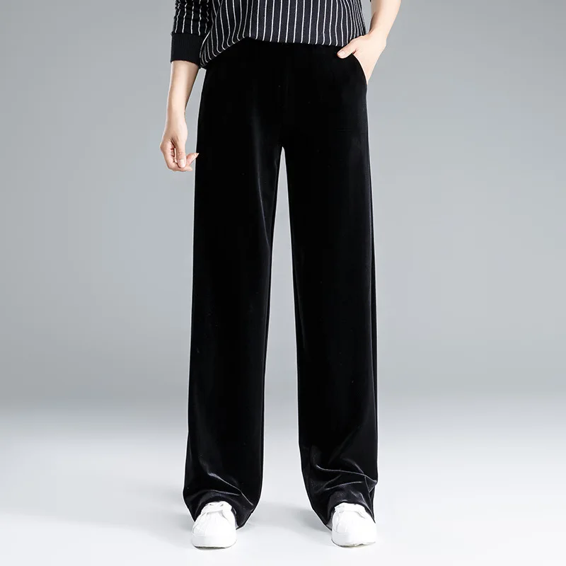 

ACRMRAC Women's pants autumn Loose Elastic waist Slim High waist Solid color Pleuche Wide leg pants Full Length Pants & Capris