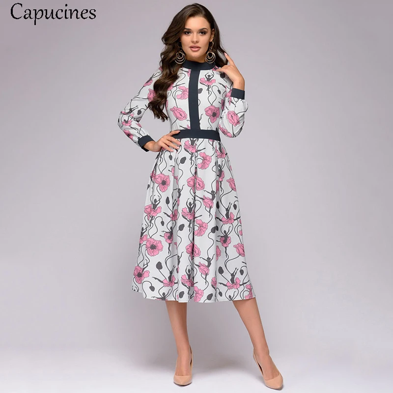 женское напечатанный винтажное платье пэчворк Длинные рукова осень О-образный