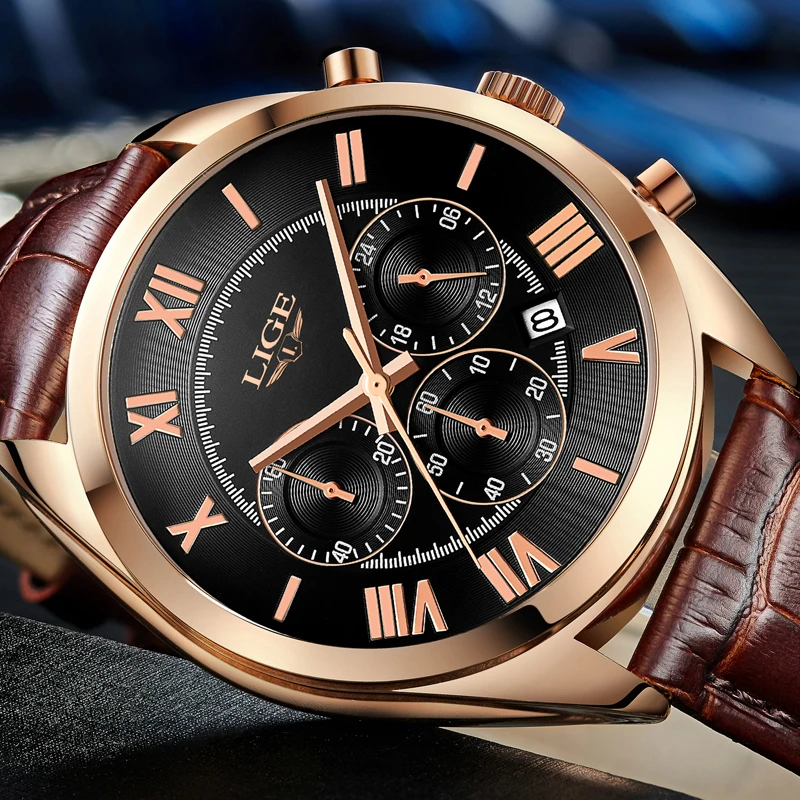 Часы наручные LIGE Мужские кварцевые брендовые водонепроницаемые Модные