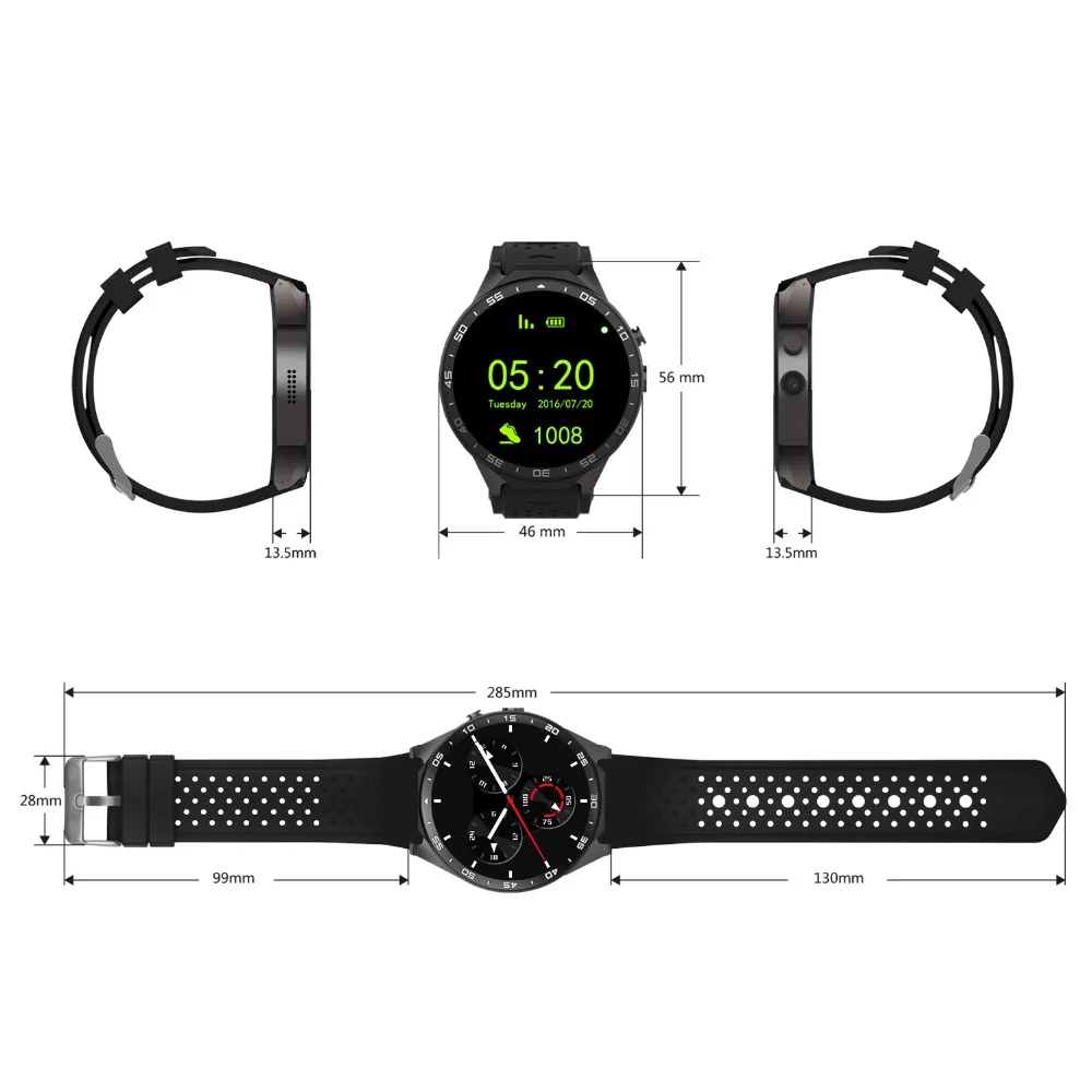 KW88 Смарт Часы Android MTK6580 Quad Core 1.3 ГГЦ 5.1 3 Г SmartWatch 2.0 Мега Пикселей Монитор Сердечного