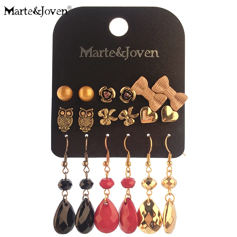 Marte&ampJoven Retro Water Drop Long Earring Set for Women Classic Flower/Owl/Bow-knot/Heart Earrings 9 Pairs/set Ear Jewelry | Украшения и
