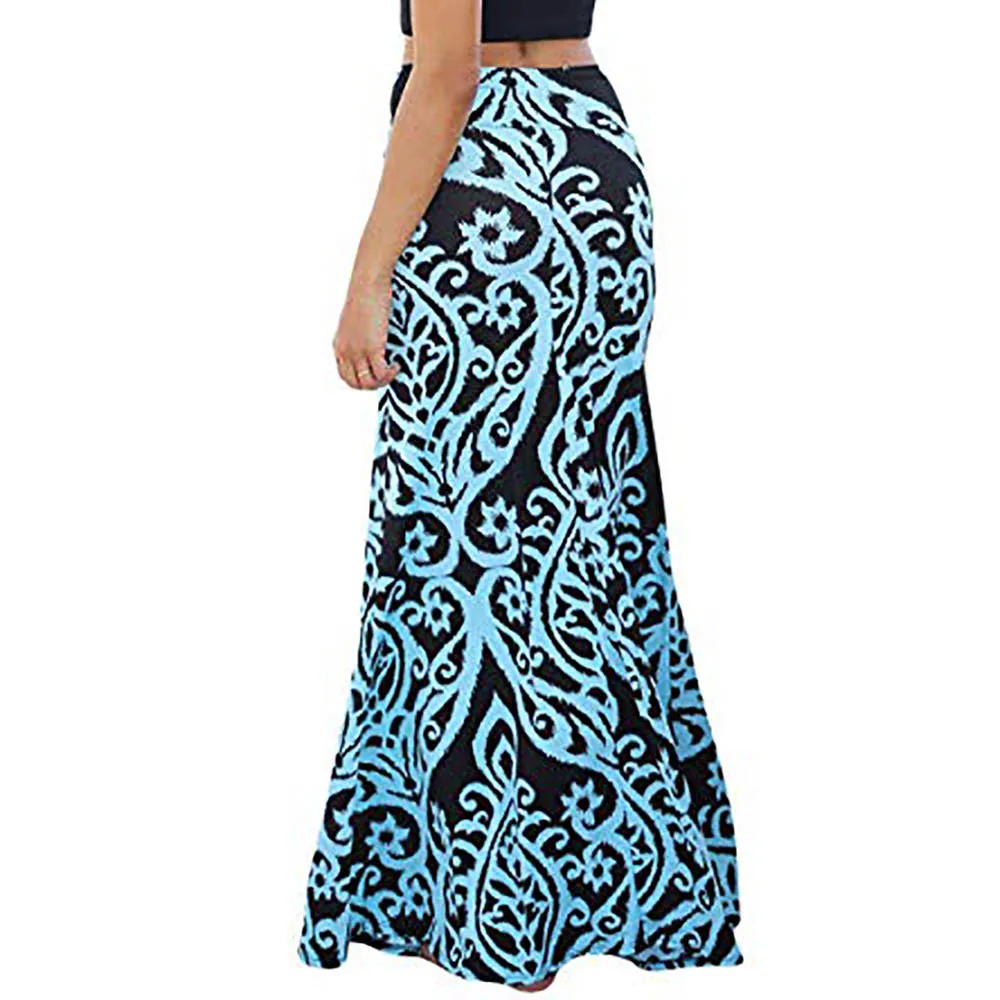 Ladies Printed Empire Floor-Length Skirt Fashion Womens Vintage Casual Coral Print High Waist Skater Skirt Long Maxi Skirt#C
