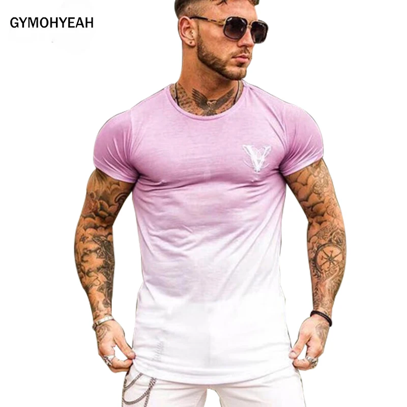 

GYMOHYEAH New Gradation colour T Shirt Men Breathable T-Shirt Homme Gyms T shirt Men Fitness Summer 3D Printing Gyms Tight Top