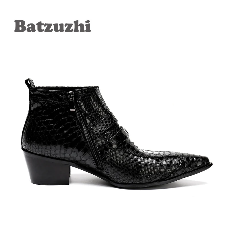 Batzuzhi/100% брендовые новые черные мужские ботинки с острым носком осенние кожаные