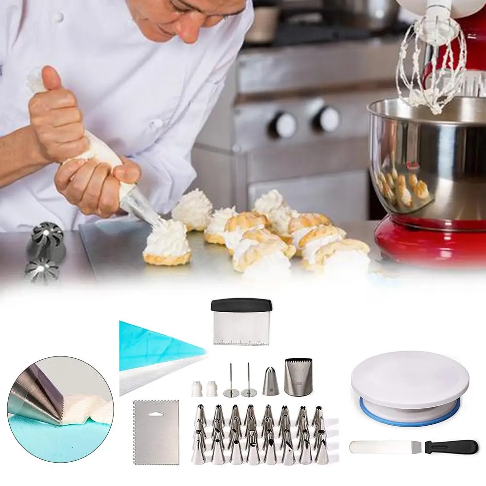 

63PCS Cake Decorating Kit Pastry Nozzles Scraper Board Nail Set Cake Turntable Decorative Mounting Patterns Tools