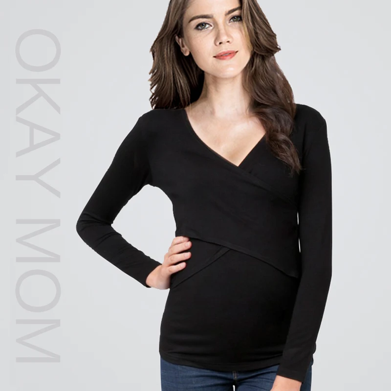 

OkayMom Casual Blue Grey Cotton Maternity Nursing Shirts Spring Long Sleeve Breastfeeding Tops Tees For Pregnant Women Pregnancy Lactation Nurse Wear Clothing