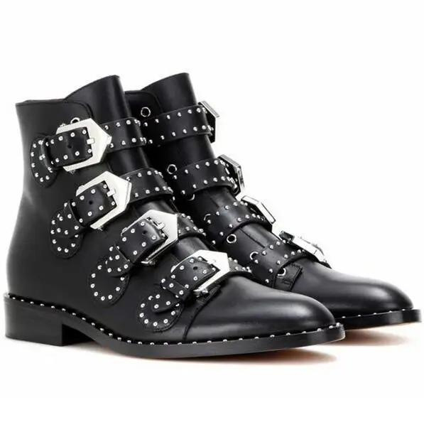 Fashion Brand Rivet Buckle Designer Bootie Female Low Heel Solid Black Leather Ankle Boot Side Zipper Women's Motorcycle Booties