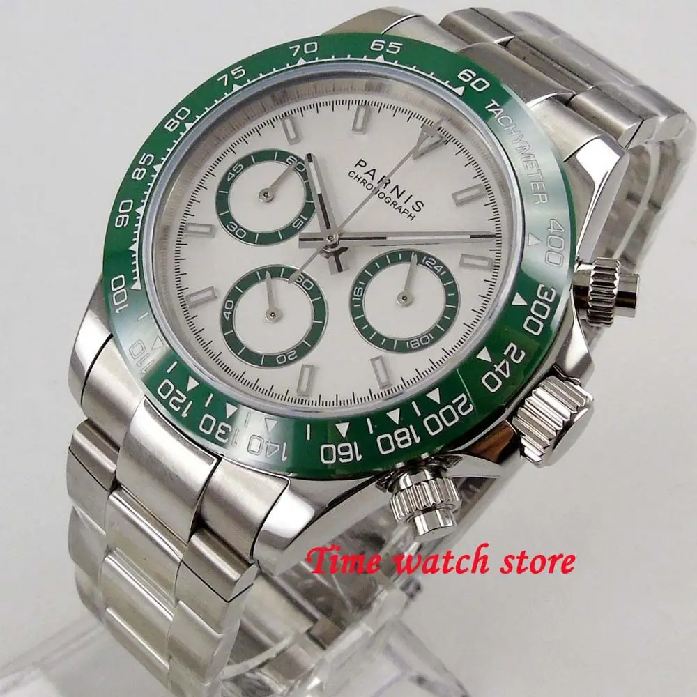 

39mm PARNIS Quartz watch men waterproof steel bracelet Chronograph white dial luminous sapphire green bezel stop wrist 1260