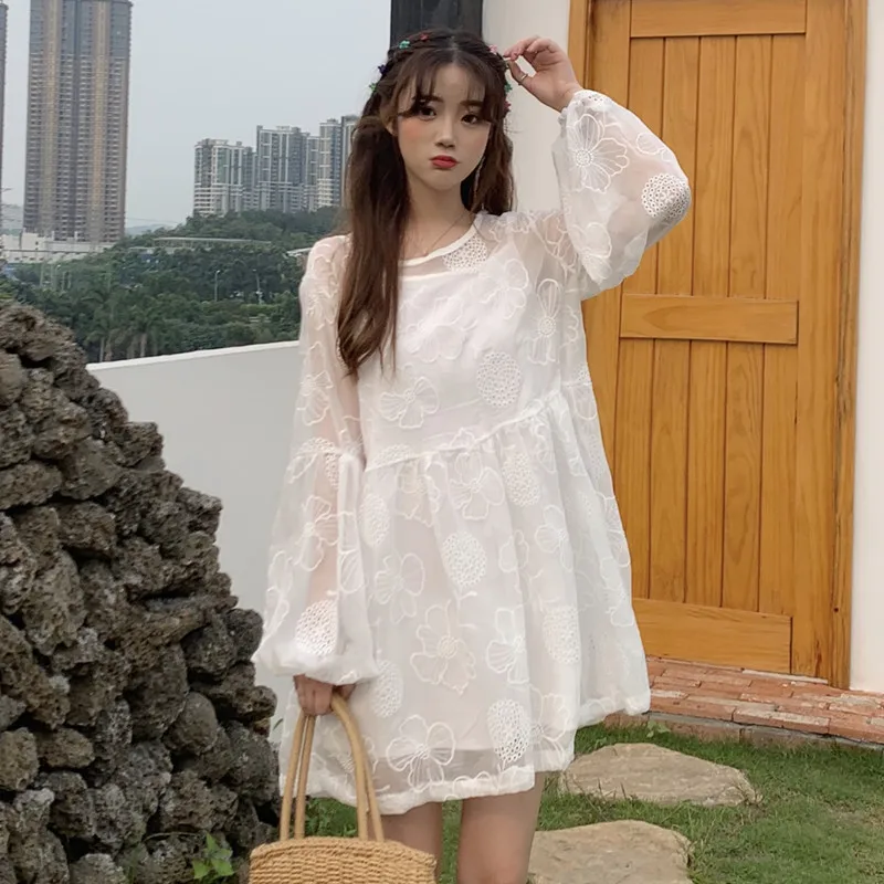 Женское ажурное свободное платье с вышивкой Ins Kawaii Ulzzang Женская милая панк-одежда