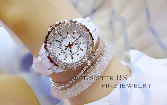 Летние Для женщин Стразы Часы леди платье часы Montre Femme черный, белый цвет Керамика браслет наручные женские часы со стразами