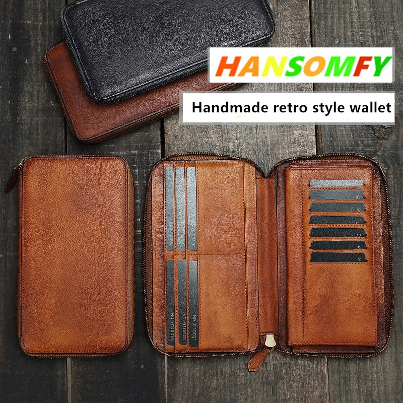 Удлиненный мужской кошелек на молнии бумажник ручной работы из растительного