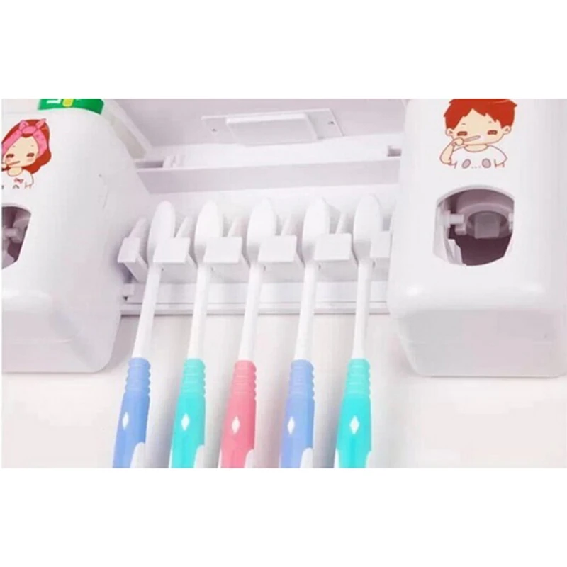 

Useful 1PC 2 in 1 Automatic Toothpaste Dispenser with 5 Toothbrush Holder Set Wall Mount Stand With Clock