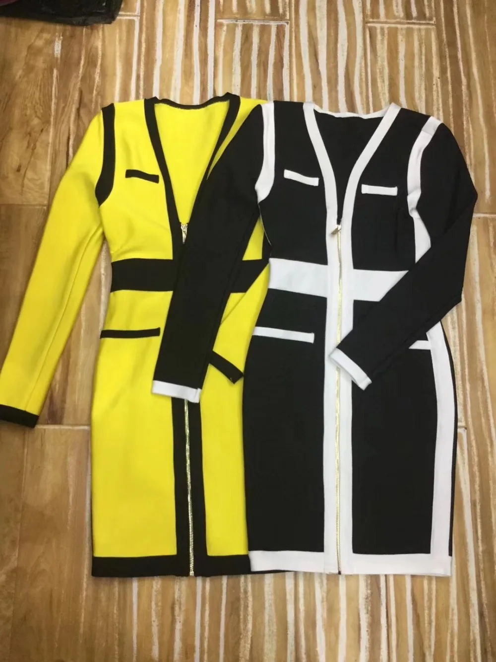 

2018 NEW elegante Patchwork black yellow Sleeveless V-Neck Women Fashion Vestidos Bandage Celebrity Party dresses wholesale