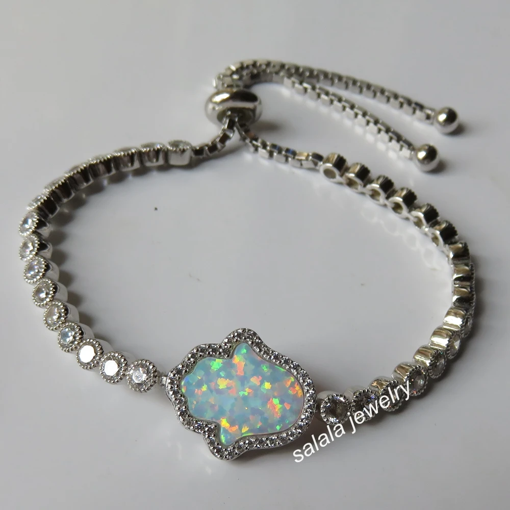 5pcs/lot OP17 White 925 Sterling Silver Synthetic Hamsa &ampHand Fire Opal Bracelet with AAA Cubic Zirconia | Украшения и