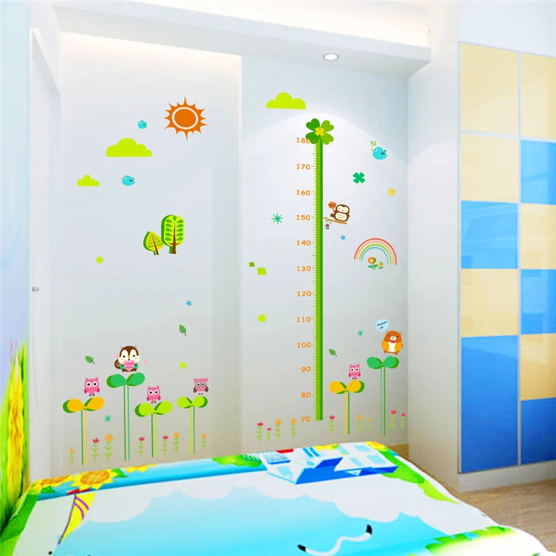 lovely owl squirrel birds flower height measure wall stickers for kids rooms cartoon animals growth chart decals art mural | Дом и сад