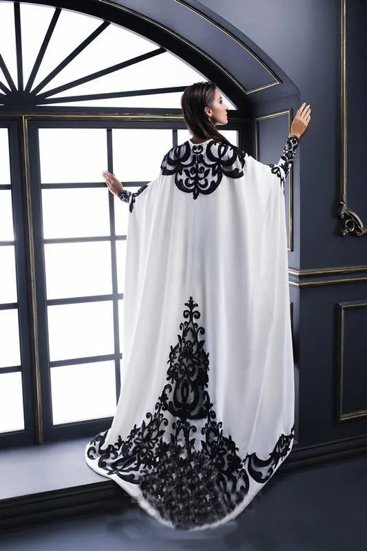 White Evening Dresses With Satin Black Lace Applique And Cape Long Sleeves Jewel Neck Formal Long Prom Dresses Party Gown