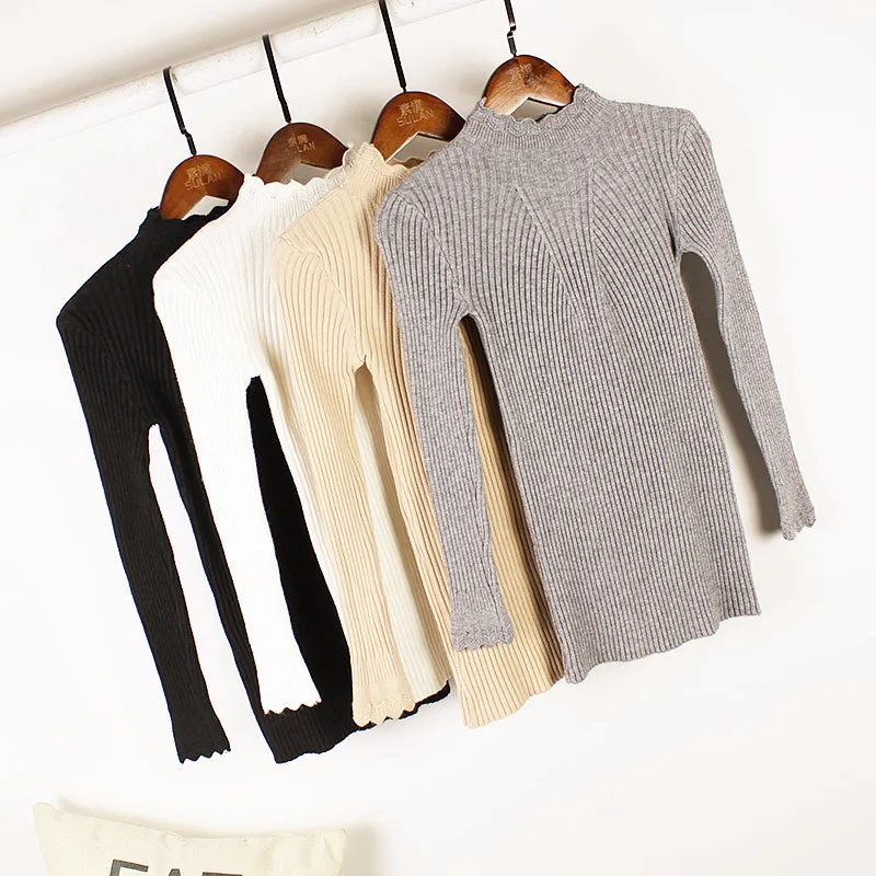 2021 Slim Knitted Sweater Woman Black White Khaki Ruffles Collar Jumpers Autumn Winter Tops | Женская одежда