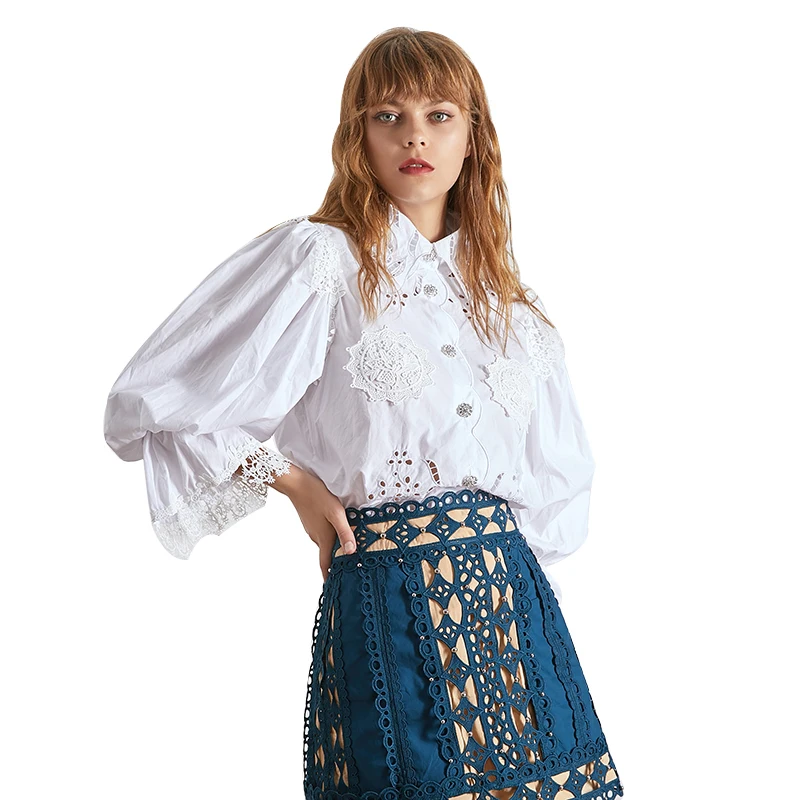 TWOTWINSTYLE, кружевная женская блузка, пэчворк, воротник с лацканами, с расклешенным рукавом на пуговице, открытая рубашка, женская модная одежда, лето