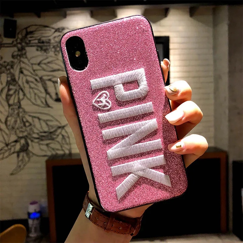 Fashion Pink Style Embroidery Mobile Phone Cases For iPhone X Glitter Back Cover 7 8 Plus Anti-knock Telefone Caixa |
