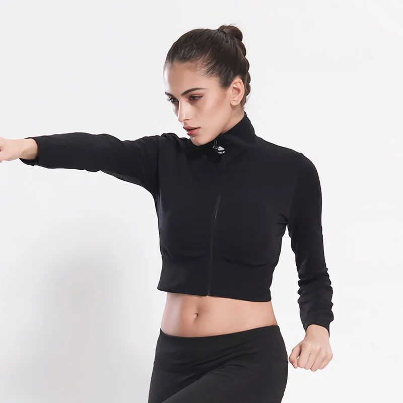 Женская спортивная куртка на молнии эластичная укороченная облегающая для