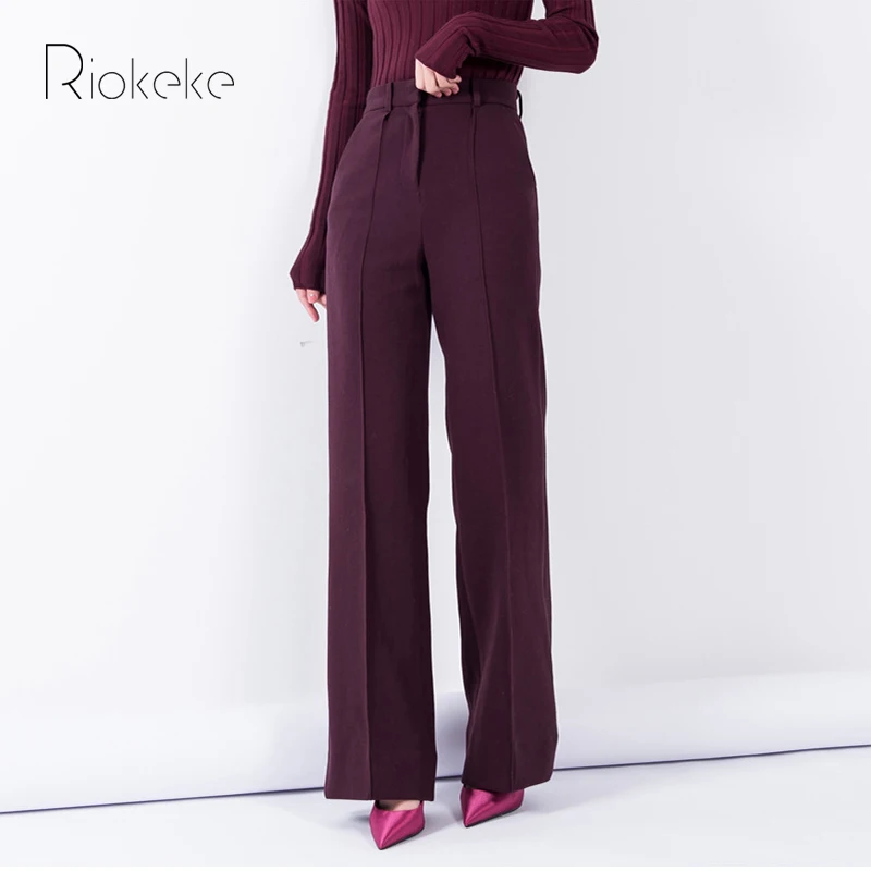 Riokeke/классические прямые широкие женские брюки с высокой талией тонкая брюка