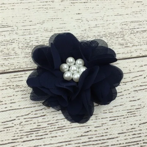 navy 10 шт./лот 2,8 ''DIY аксессуары для украшения одежды шифоновые цветы с плоской задней частью и жемчугом в центре для маленьких девочек аксессуары для волос - Цвет: navy