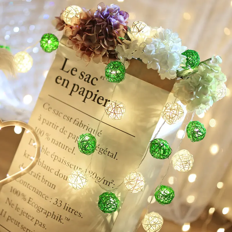 Светодиодный Рождественский гирлянда для улицы 20 белый зеленый ротанга шары